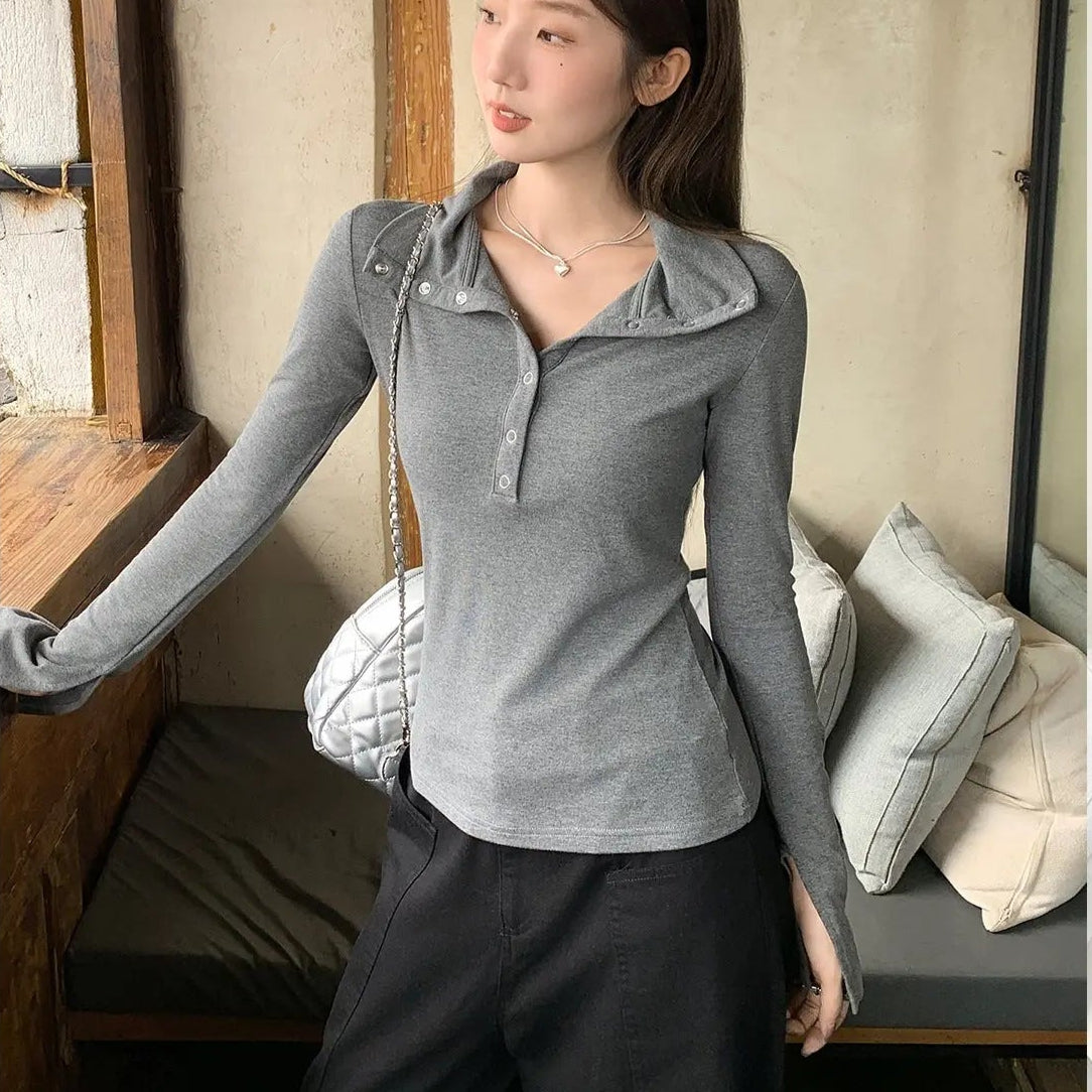Lapel Button Long Sleeve Top - Fashionnsio