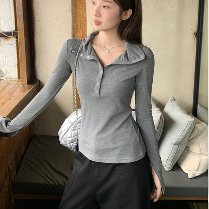 Lapel Button Long Sleeve Top - Fashionnsio