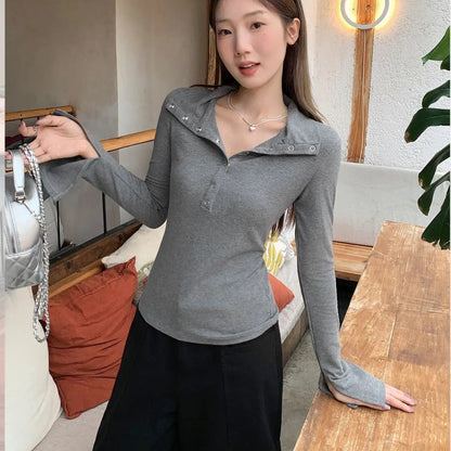 Lapel Button Long Sleeve Top - Fashionnsio