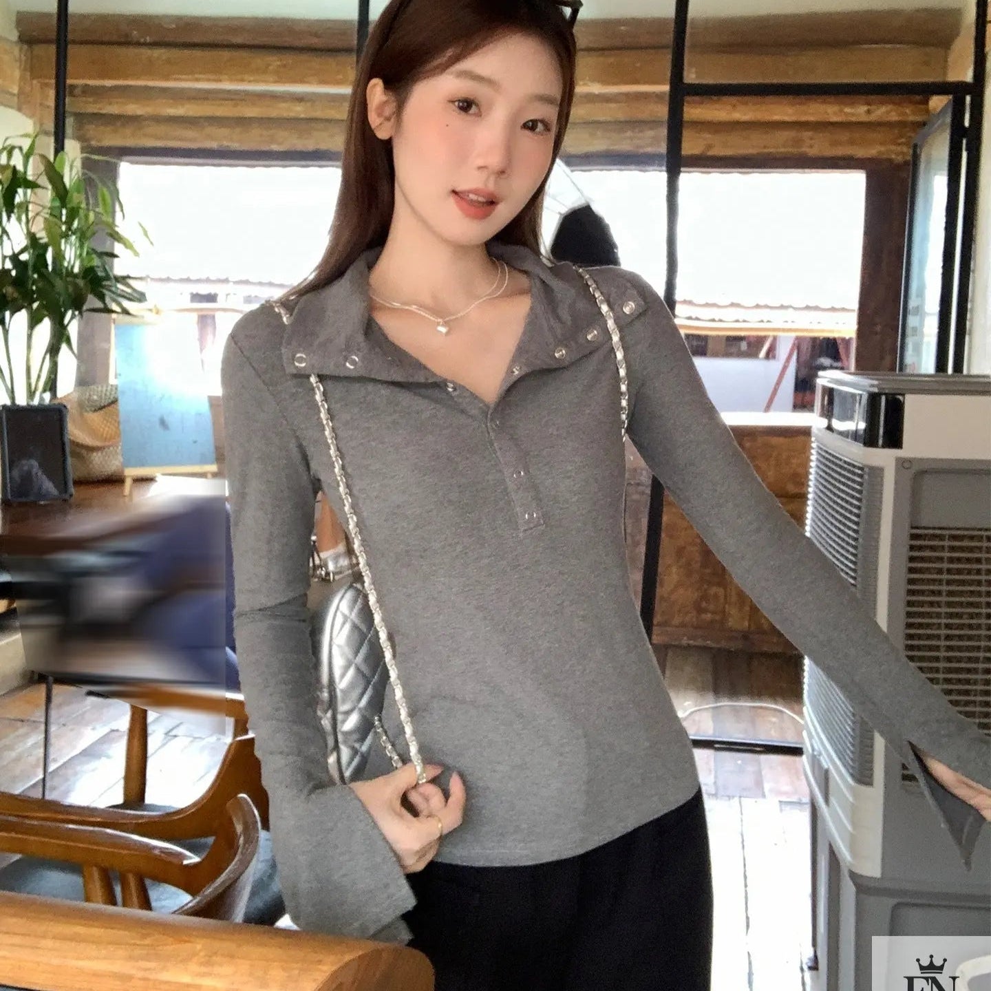 Lapel Button Long Sleeve Top - Fashionnsio