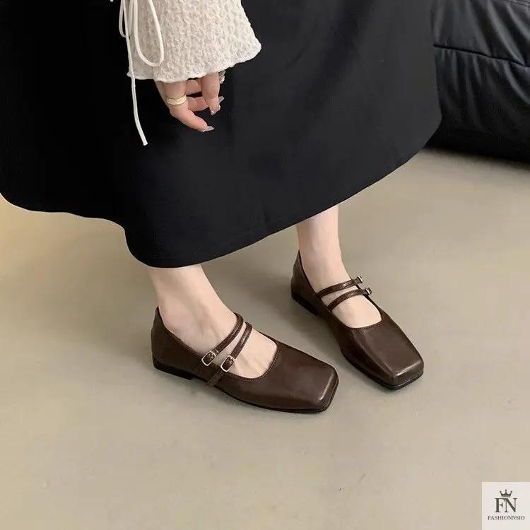 Square Toe Strap Women Flats - Fashionnsio