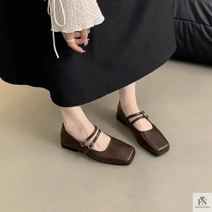 Square Toe Strap Women Flats - Fashionnsio