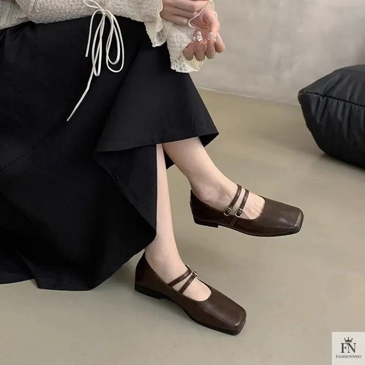 Square Toe Strap Women Flats - Fashionnsio