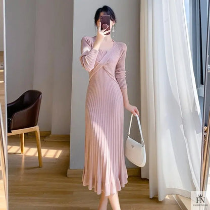Ribbed Pleated Maxi Dress - Fashionnsio