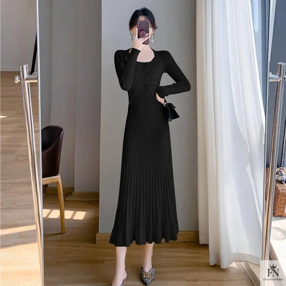 Ribbed Pleated Maxi Dress - Fashionnsio