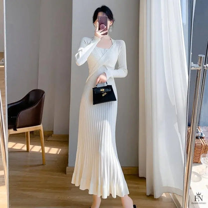 Ribbed Pleated Maxi Dress - Fashionnsio