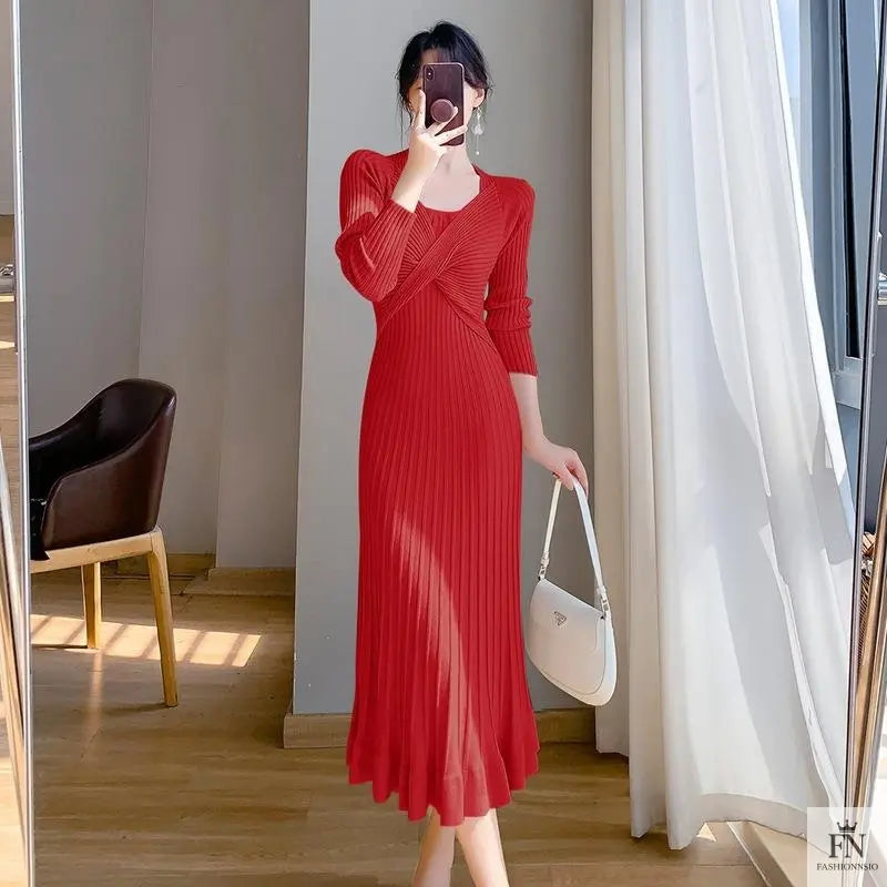 Ribbed Pleated Maxi Dress - Fashionnsio