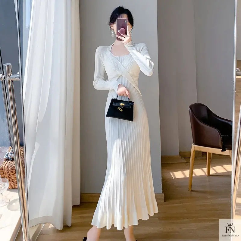 Ribbed Pleated Maxi Dress - Fashionnsio