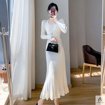 Ribbed Pleated Maxi Dress - Fashionnsio