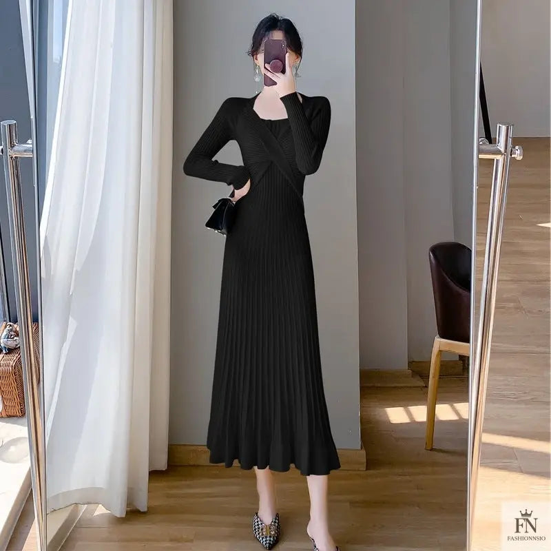 Ribbed Pleated Maxi Dress - Fashionnsio