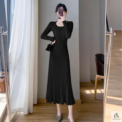 Ribbed Pleated Maxi Dress - Fashionnsio