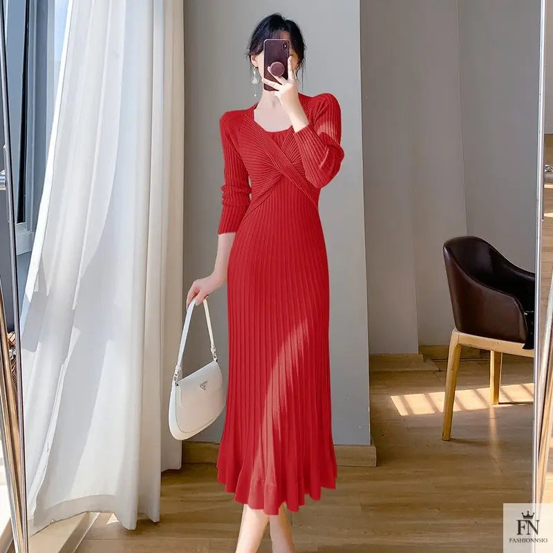 Ribbed Pleated Maxi Dress - Fashionnsio