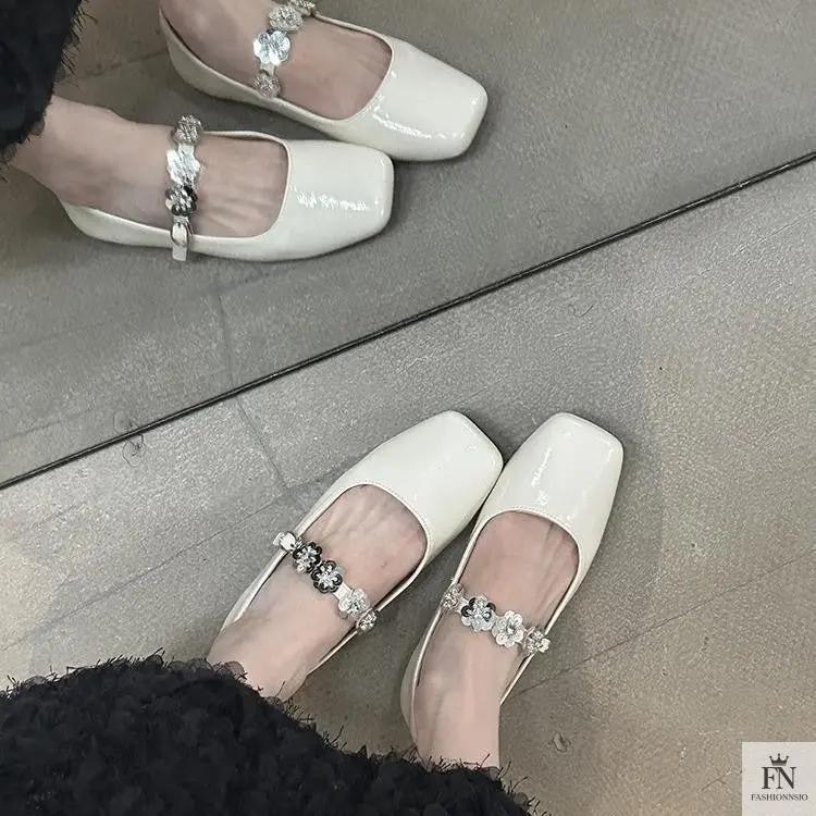 Floral Embellish Mary Jane Flats - Fashionnsio