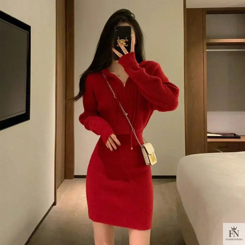 Hooded Knit Mini Dress - Fashionnsio