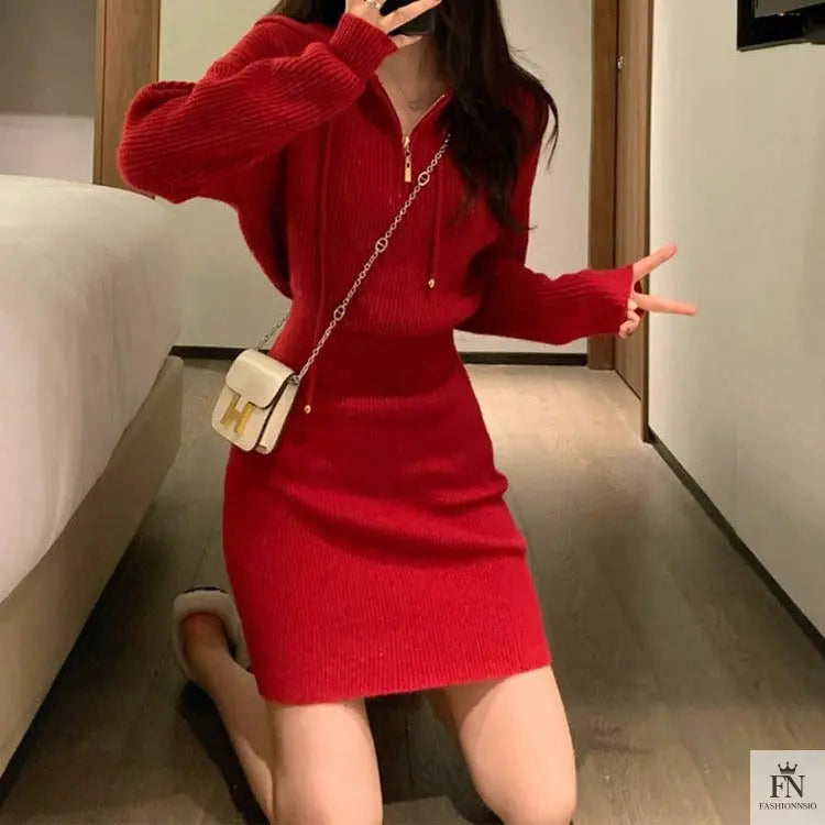 Hooded Knit Mini Dress - Fashionnsio