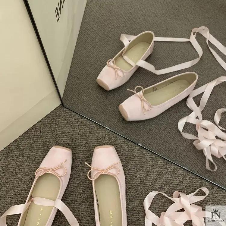 Bow Lace Up Ballet Flats - Fashionnsio