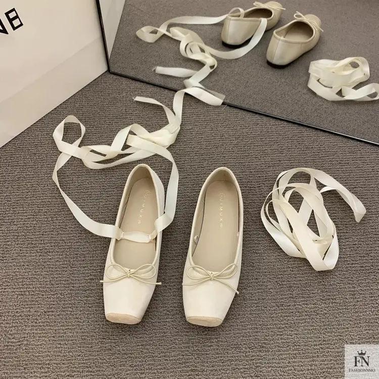 Bow Lace Up Ballet Flats - Fashionnsio