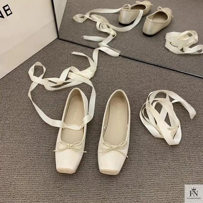 Bow Lace Up Ballet Flats - Fashionnsio