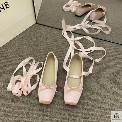 Bow Lace Up Ballet Flats - Fashionnsio