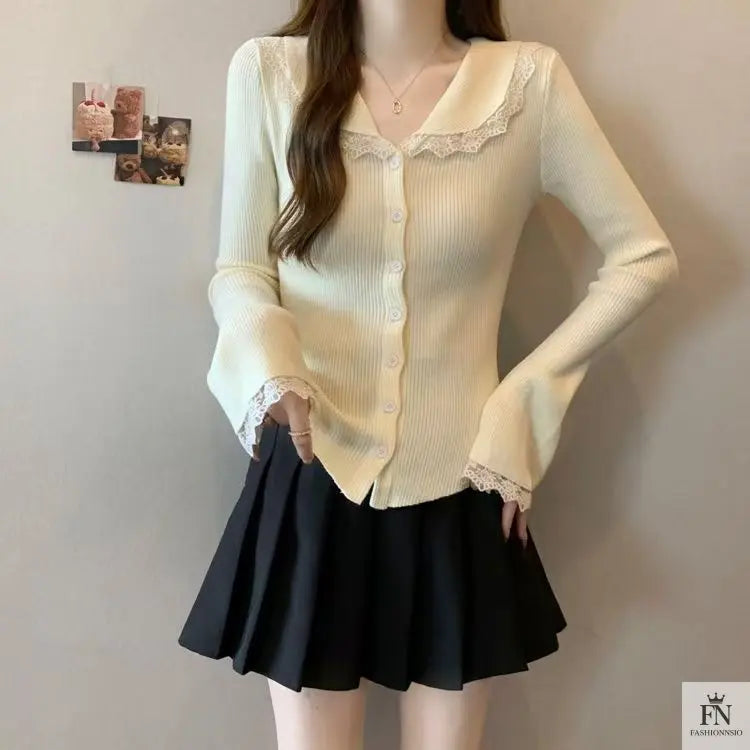 Lace Button Collar Cardigan Top - Fashionnsio