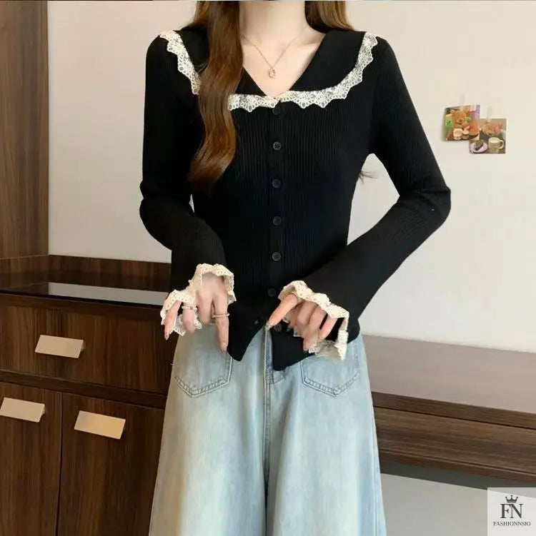Lace Button Collar Cardigan Top - Fashionnsio