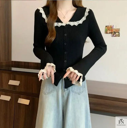 Lace Button Collar Cardigan Top - Fashionnsio