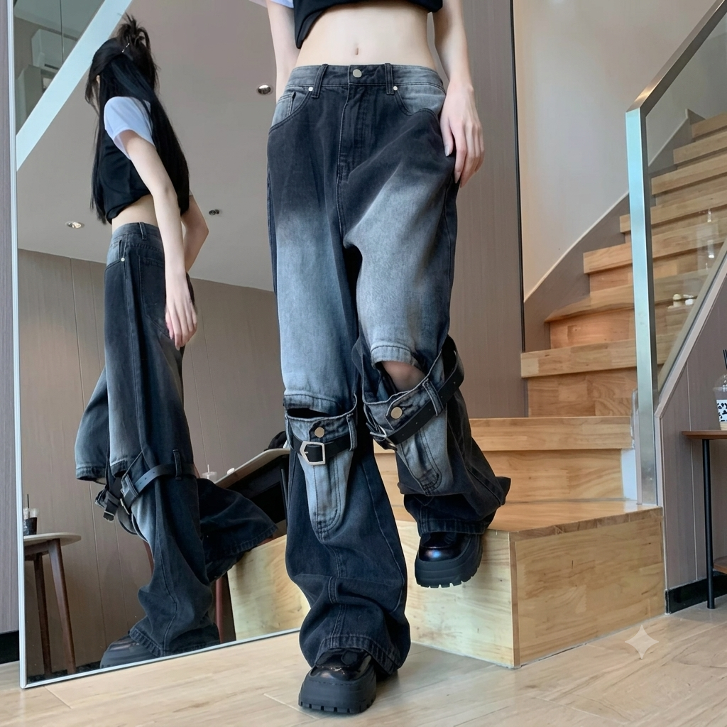 Ripped Belt Denim Jeans - Fashionnsio