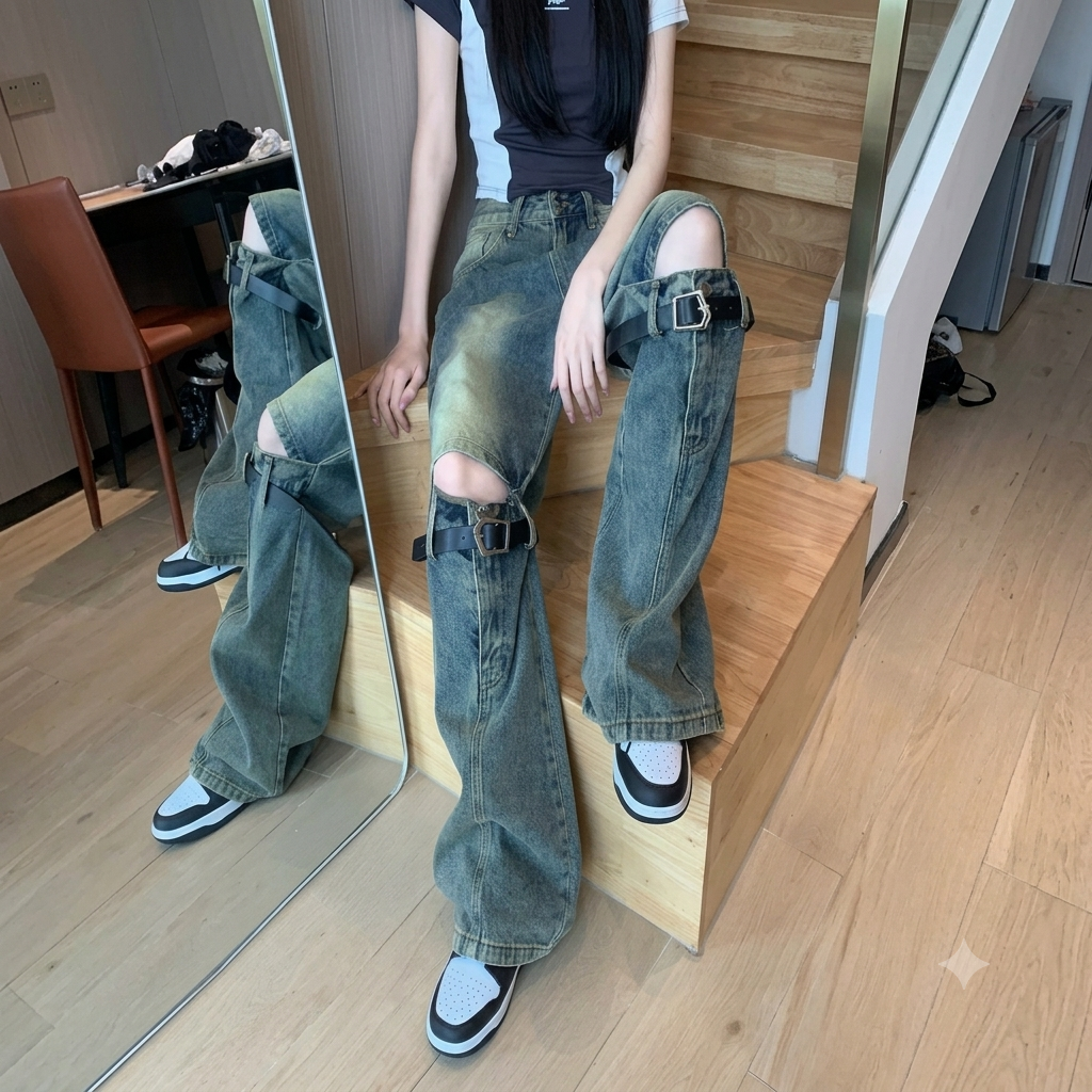 Ripped Belt Denim Jeans - Fashionnsio