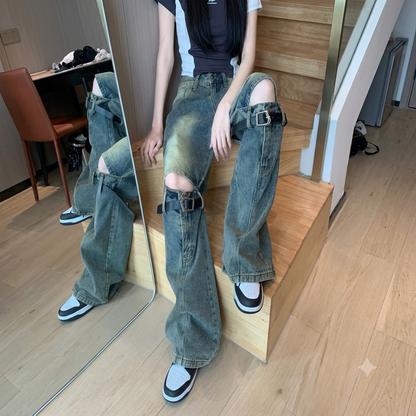Ripped Belt Denim Jeans - Fashionnsio
