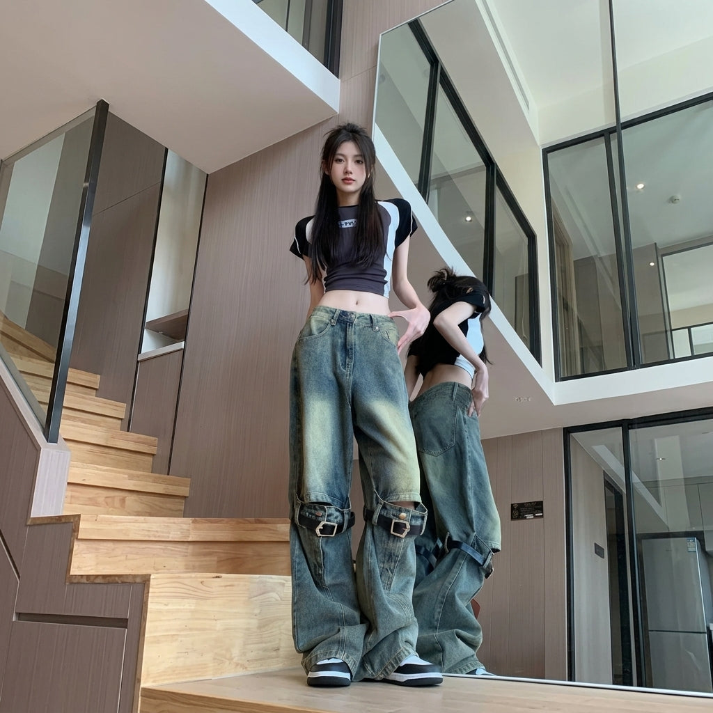 Ripped Belt Denim Jeans - Fashionnsio