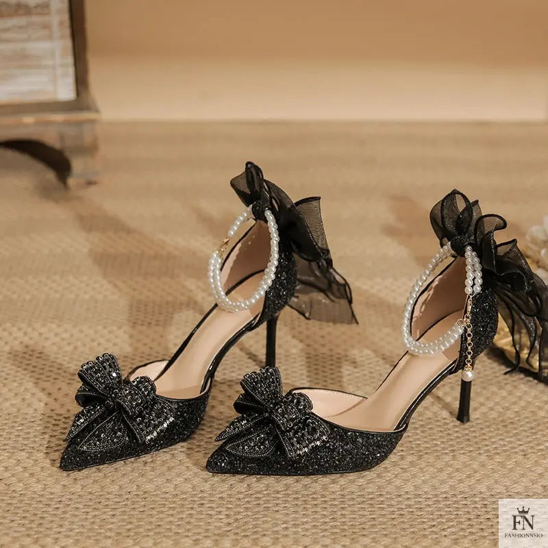 Glitter Pearl Strap Ribbon Bow Heels - Fashionnsio