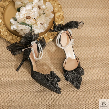 Glitter Pearl Strap Ribbon Bow Heels - Fashionnsio
