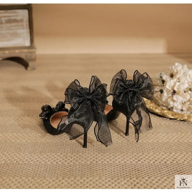 Glitter Pearl Strap Ribbon Bow Heels - Fashionnsio