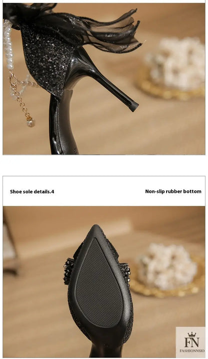 Glitter Pearl Strap Ribbon Bow Heels - Fashionnsio