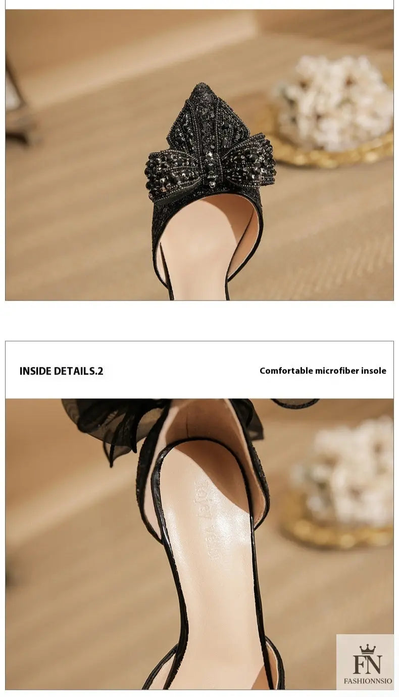 Glitter Pearl Strap Ribbon Bow Heels - Fashionnsio