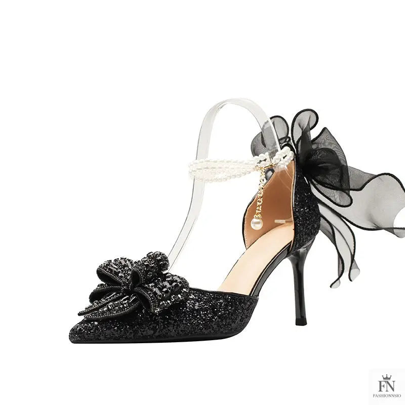 Glitter Pearl Strap Ribbon Bow Heels - Fashionnsio