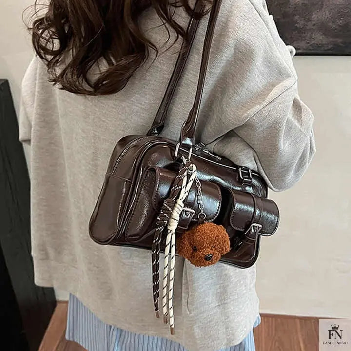 Glossy Multi Pocket Buckle Shoulder Bags - Fashionnsio