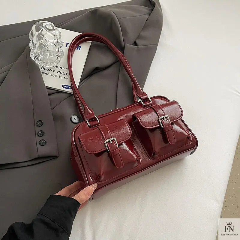 Glossy Multi Pocket Buckle Shoulder Bags - Fashionnsio