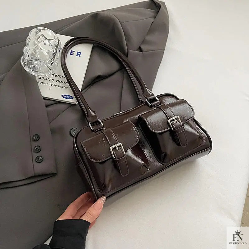 Glossy Multi Pocket Buckle Shoulder Bags - Fashionnsio