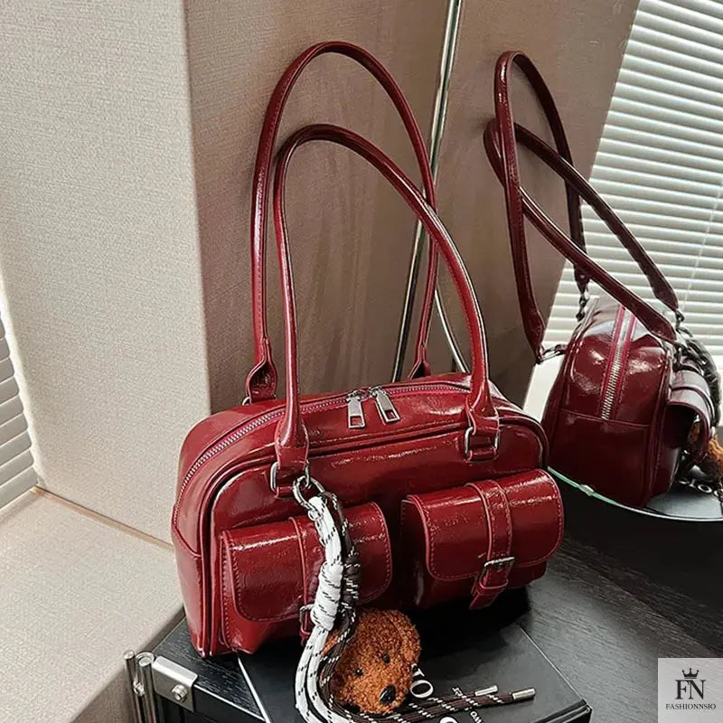 Glossy Multi Pocket Buckle Shoulder Bags - Fashionnsio