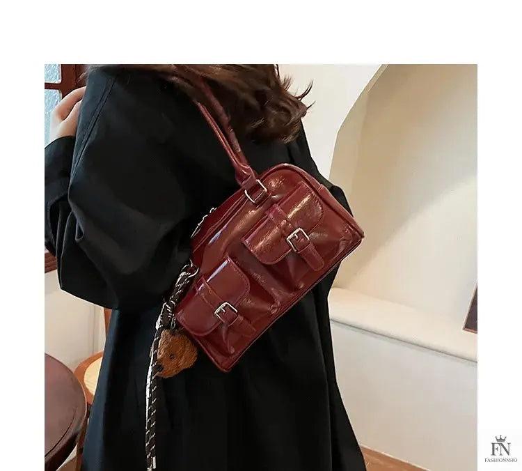 Glossy Multi Pocket Buckle Shoulder Bags - Fashionnsio
