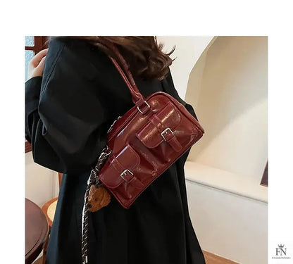 Glossy Multi Pocket Buckle Shoulder Bags - Fashionnsio