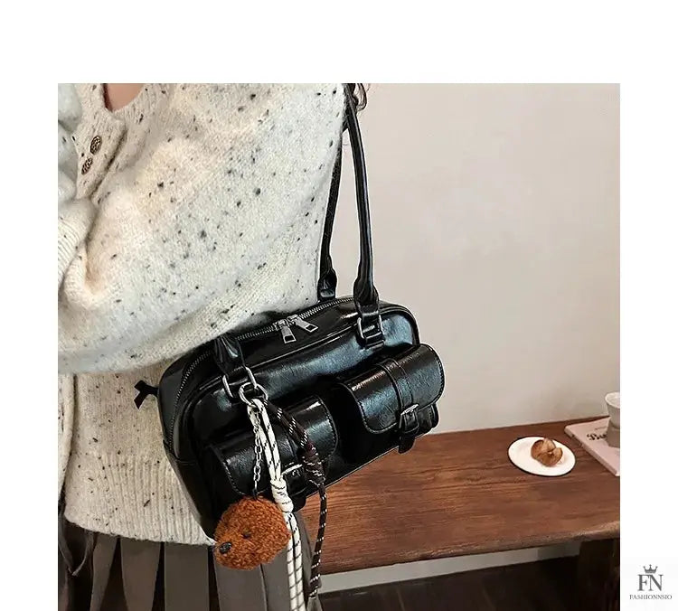 Glossy Multi Pocket Buckle Shoulder Bags - Fashionnsio