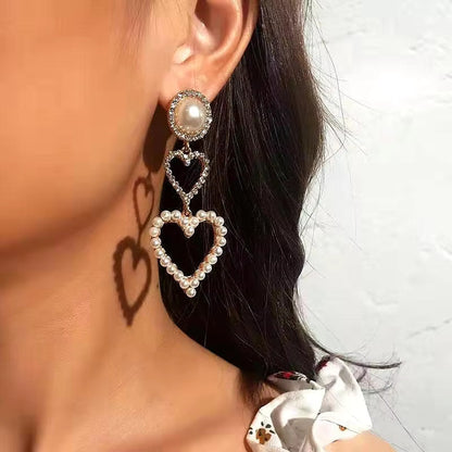 Double Heart Diamond Pearl Earrings fashionnsio