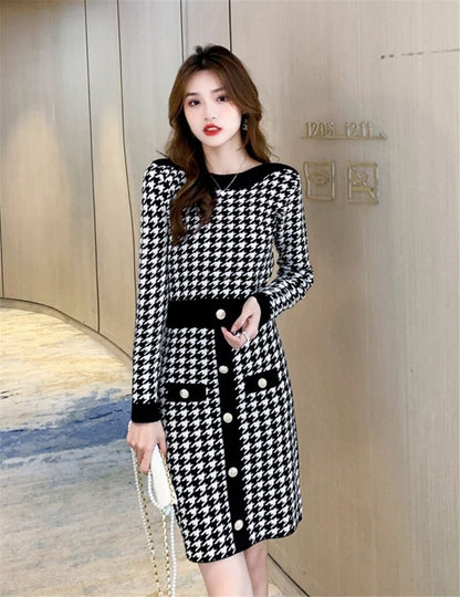 Korean Plaid Bodycon Knitted Dress