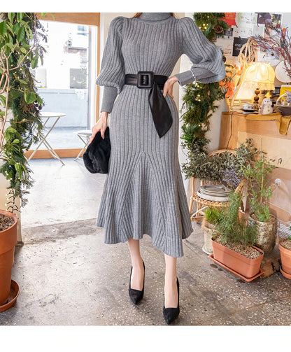 Turtleneck Knitted Dress With Belt