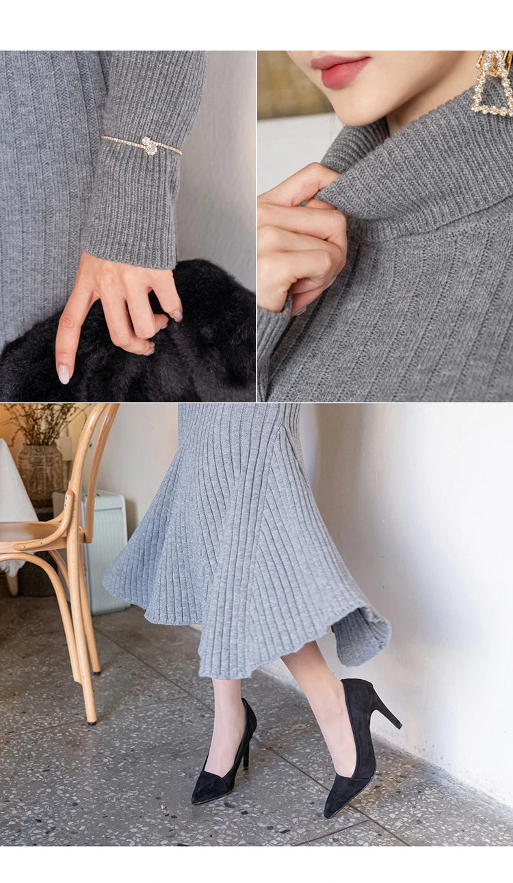 Turtleneck Knitted Dress With Belt