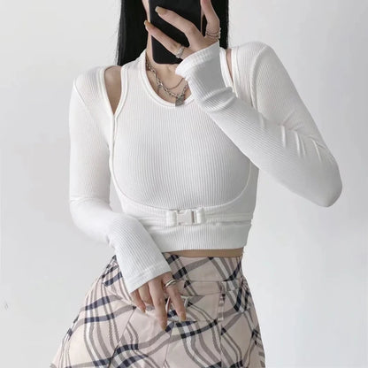 Fake 2 Piece Buckle Long Sleeve Top