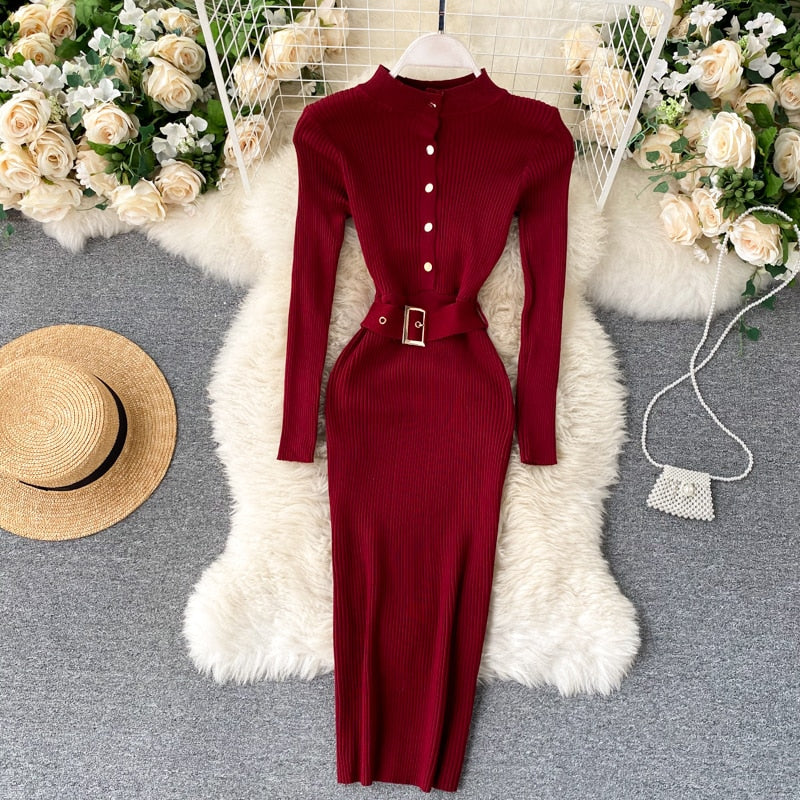 Elegant Belt Knitted Dress