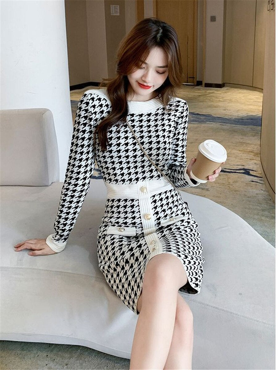 Korean Plaid Bodycon Knitted Dress